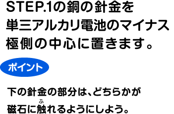 STEP.1の銅の針金を単三アルカリ電池のマイナス極側の中心に置きます。