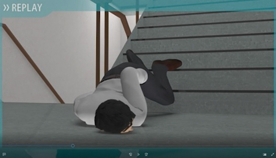 A screenshot of our e-learning program (falling down the stairs)