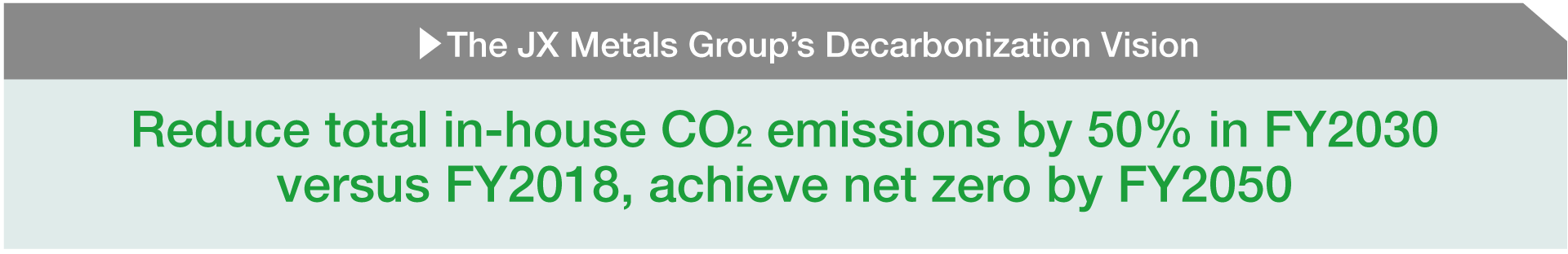 The JX Metals Group’s Decarbonization Vision: Reduce total in-house CO<sub>2</sub> emissions by 50% in fiscal 2030 versus fiscal 2018, achieve net zero by fiscal 2050