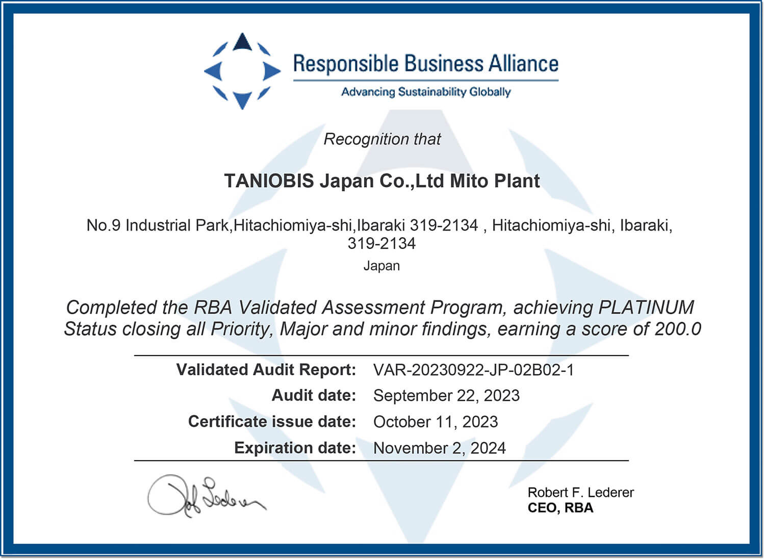 RBA-issued VAP audit certificates