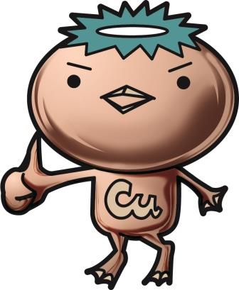 【カッパーくん】銅の妖精。体は純度99.99%の銅でできており、体に電気を通すと元気になる。銅は錆びると緑色になるが、お皿の周りは錆びて緑色になっている。カッパーくんの名前は英語のCopper(銅)に由来する。